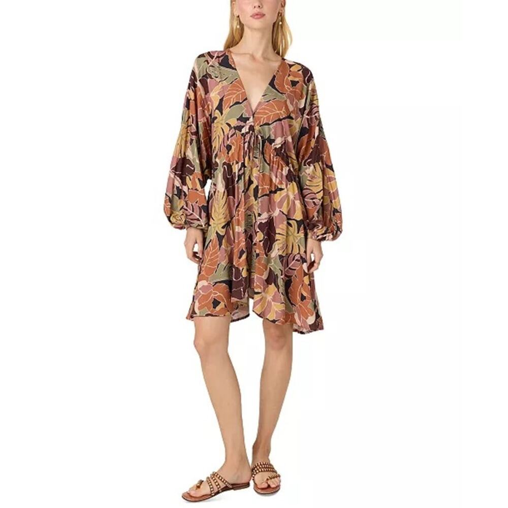 NWT O’Neill Adalyn V-Neck Long-Sleeve Dress Sz S Floral Tie-Waist Tan